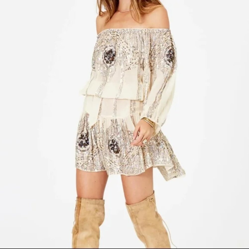 Jen's Pirate Booty Celestial Mini Dress Sequin Sparkle Ivory Tea Embroidered